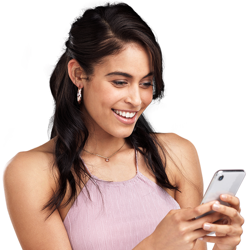 woman holding phone and smiling