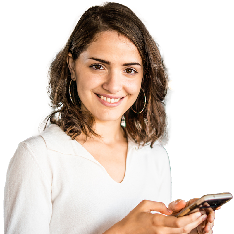 woman holding phone and smiling