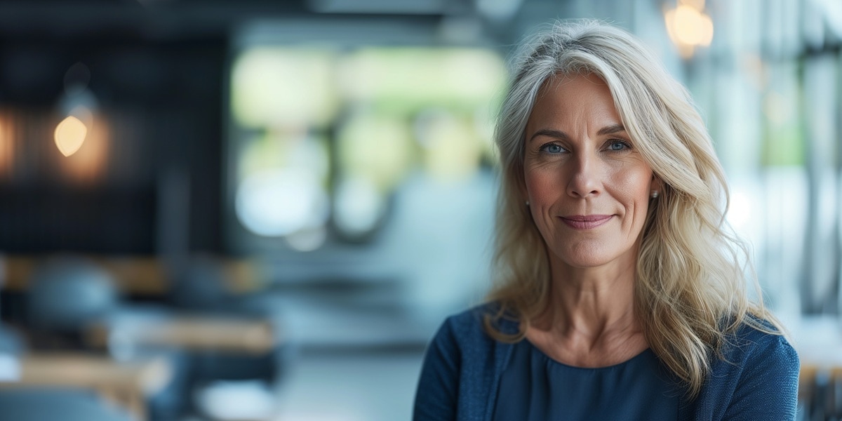 Lady with long hair in blue top