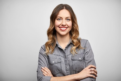 Lady in grey denim shirt