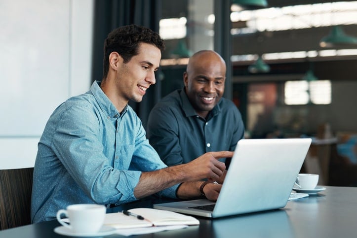 Two men in office looking at laptop