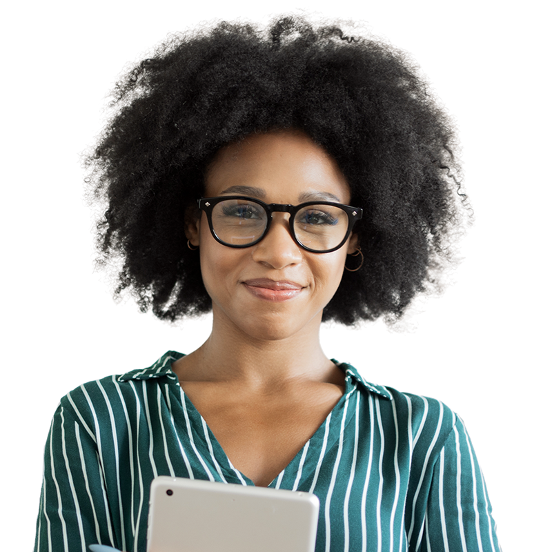 woman holding a tablet and smiling