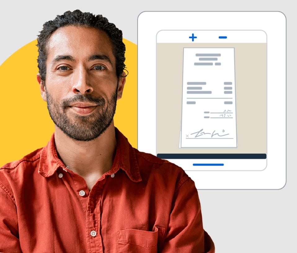 Man in front of receipt