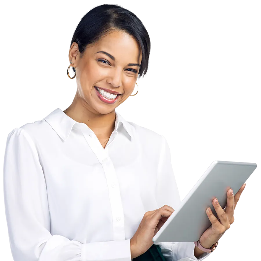 person smiling and holding tablet