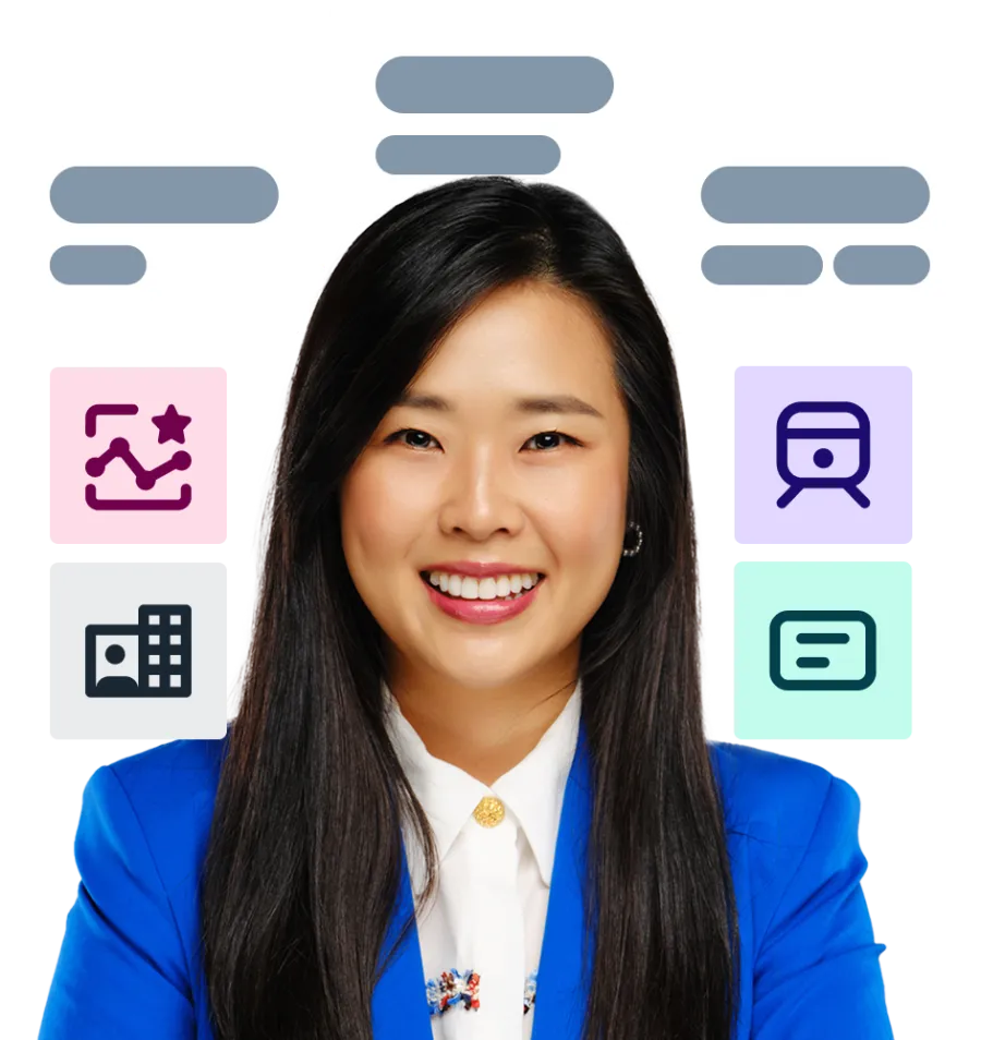business professional smiling surrounded by business benefits