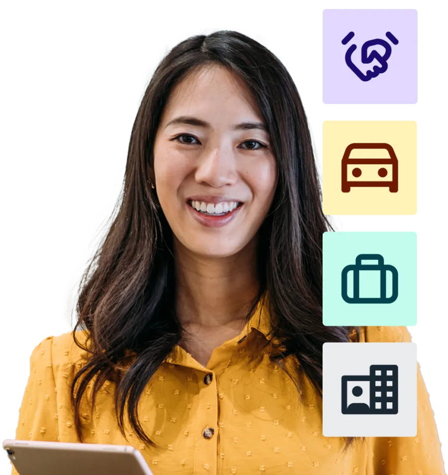 person smiling with icons to side
