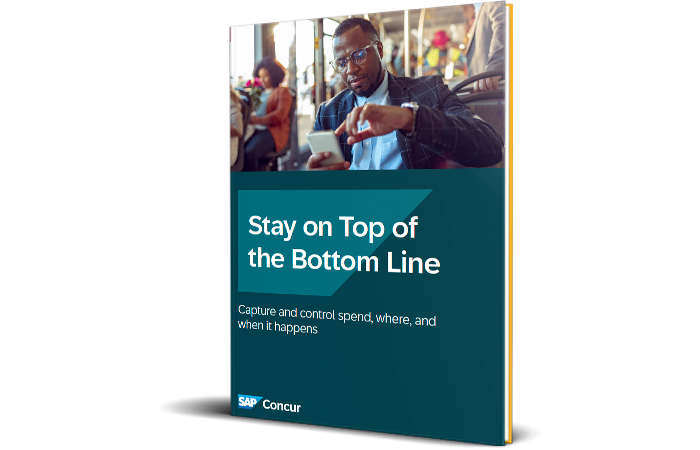 Front over of travel and expense brochure, man on bus looking at phone 